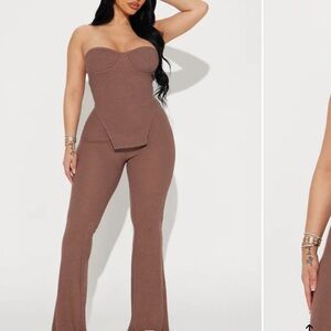 Brown Strapless Ribbed pant set
